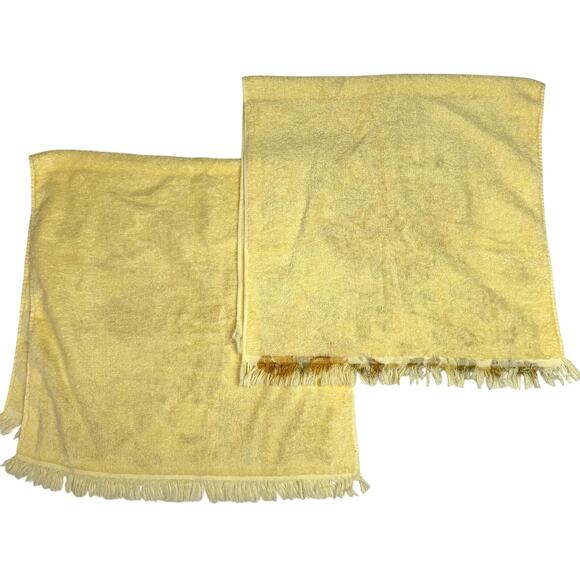 Pair of 2 Vintage 70s Floral Bath Towels 20x36 Yellow Brown Cabbage Rose Flowers - Picture 6 of 7